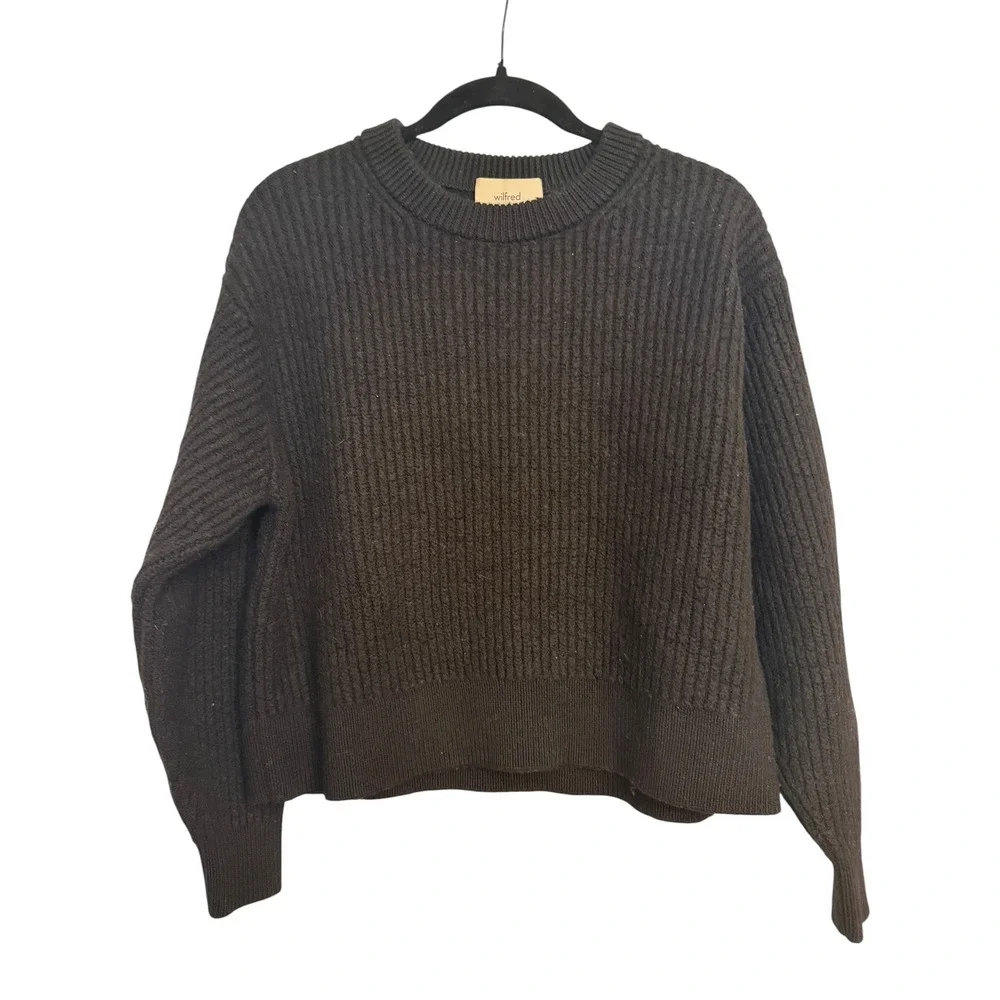 Wilfred Aritzia Black Extra Fine Merino Wool Ribbed Crewneck Sweater Large L